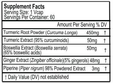 Supplement facts label for a product containing Turmeric Root Powder, Boswellia Extract, Ginger Extract, and Piperine.