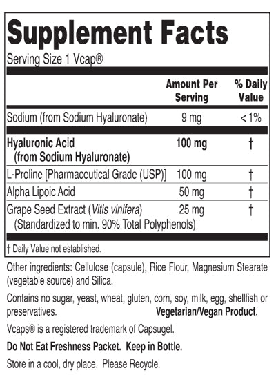 Gluten Free Remedies Hyaluronic Acid supplement facts