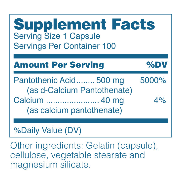 Gluten Free Remedies Pantothenic Acid supplement facts
