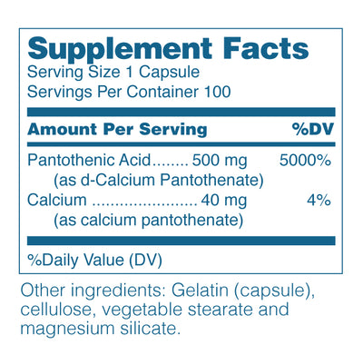 Gluten Free Remedies Pantothenic Acid supplement facts
